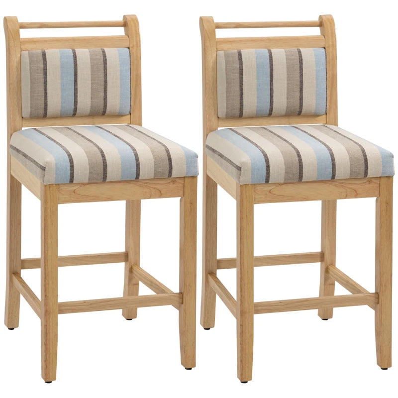 HOMCOM 25.5" Counter Height Bar Stools, Set of 2, Farmhouse Kitchen Stool, Bar Chairs with Back, Padded Cushion, Wood Legs, Natural