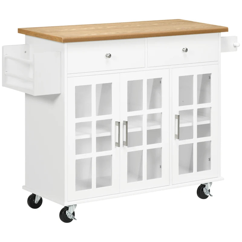 HOMCOM Kitchen Island Utility Storage Trolley Cart with Rubber Wood Top, Towel Rack, 2 Cabinets & Drawers for Dining Room, White
