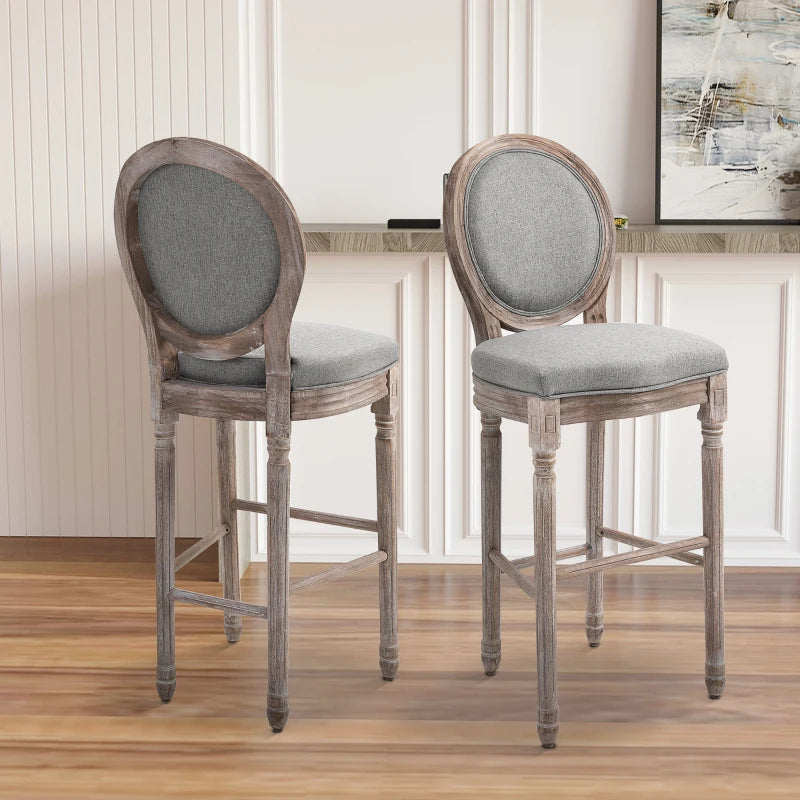 HOMCOM Vintage Bar Stools Set of 2, Wood Barstools Accent Chairs with Soft Linen Cushions & Footrest, 29.5" Seat Height, Grey