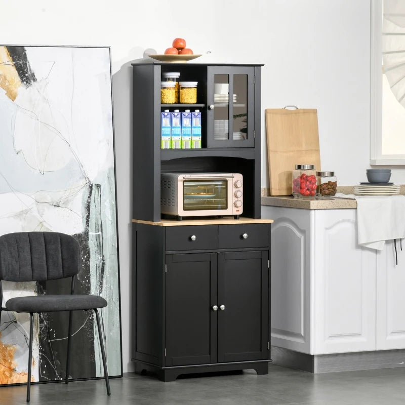 HOMCOM Freestanding 67" Kitchen Pantry with Hutch, Buffet Cabinet, Microwave Stand with Framed Doors, 2 Drawers, Cupboard, Black