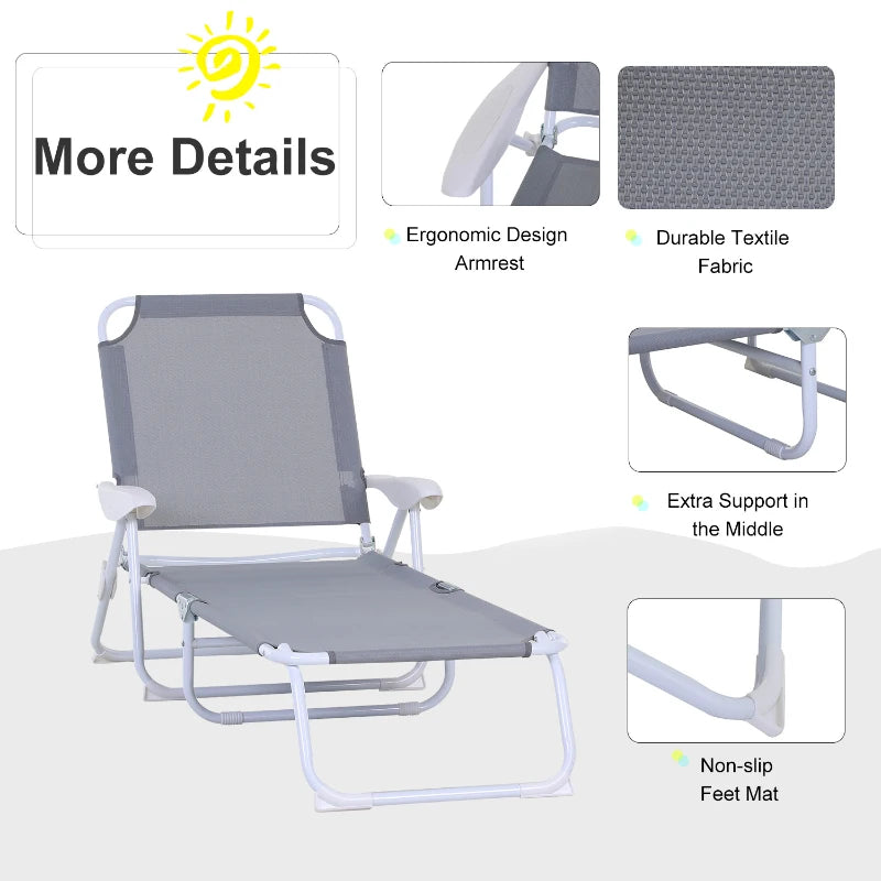 Outsunny Folding Chaise Lounge, Outdoor Sun Tanning Chair, 4-Position Reclining Back, Armrests, Iron Frame & Mesh Fabric for Beach, Yard, Patio, Dark Gray
