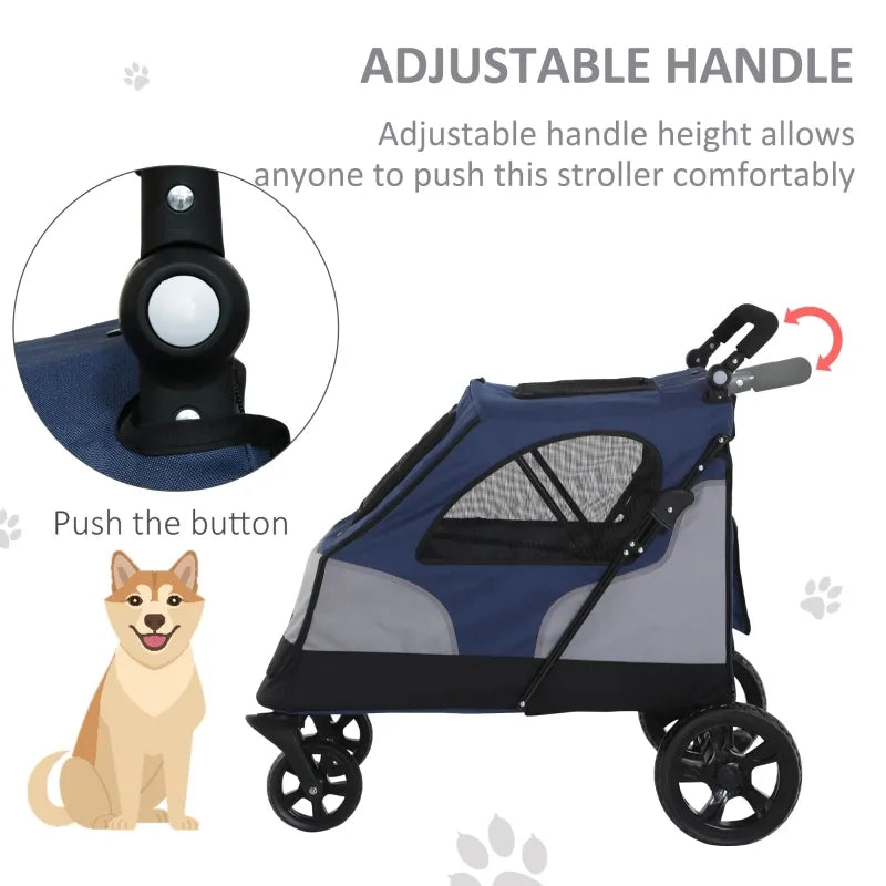 PawHut Pet Stroller Foldable Dog Cat Travel Carriage with Adjustable Handlebar Rear Door EVA Wheel Brake Storage Bag Mesh Window Safety Leash, Blue