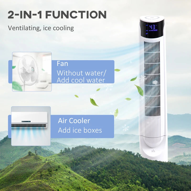 HOMCOM 42" 2-In-1 Evaporative Air Cooler, Portable Cooling Fan for Home Office with 3 Modes, 3 Speeds, Remote Control, Timer, LED Display, 1.3 Gal Water Tank, White