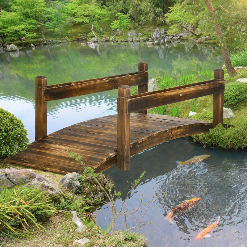 Outsunny 7.5' Wooden Garden Bridge with Planters, Stained Finish Arc Footbridge with Safety Railings for Backyard, Pond Stream, Stained Wood