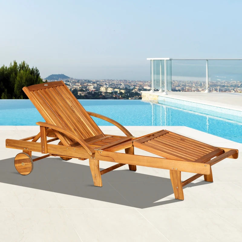 Outsunny Acacia Wood Folding Patio Sun Lounger Chair with Wheels and Pull-Out Tray