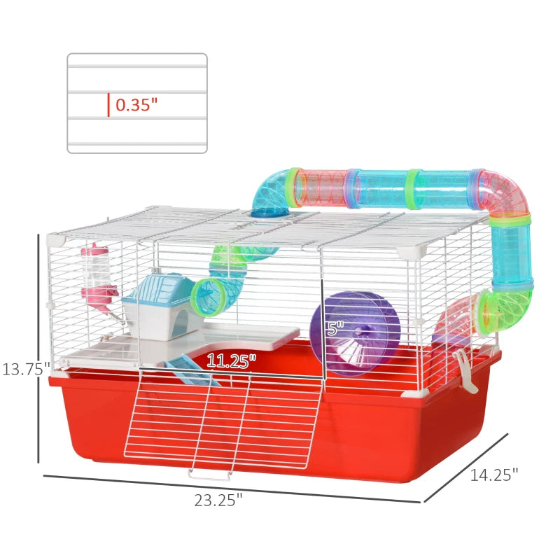 PawHut Large Hamster Cage and Habitat, 2-Level Steel Rat Cage, Small Animal House, with Tube Tunnels, Exercise Wheel, Water Bottle, Food Dish, Hut, Ladder, Top Handle, 23" x 14" x 14", Red