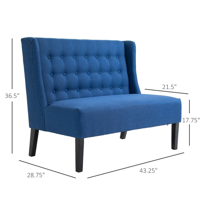HOMCOM Wingback Double Sofa Linen Fabric Upholstery Button Tufted Loveseat Armless Couch Modern Contemporary Living Room Settee with Wood Legs, Blue