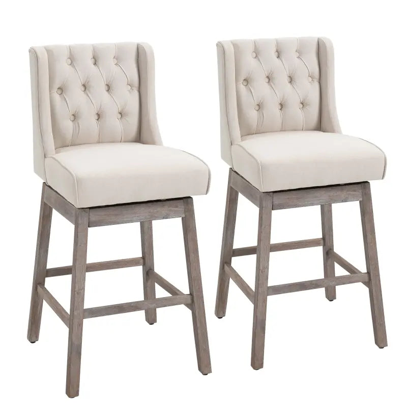 HOMCOM Bar Height Bar Stools Set of 2, 180 Degree Swivel Kitchen Island Stool, 30" Seat Height with Solid Wood Footrests and Button Tufted Design, Beige