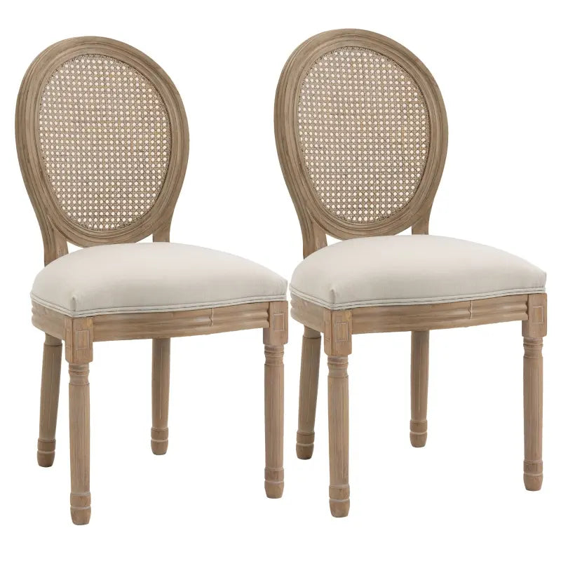 HOMCOM French-Style Upholstered Dining Chair Set, Armless Accent Side Chairs with Rattan Backrest and Linen-Touch Upholstery, Set of 2, Grey