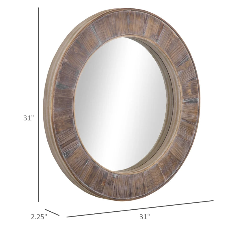 HOMCOM 31" Wood Wall Mirror, Round Mirror for Wall, Natural Wood Color