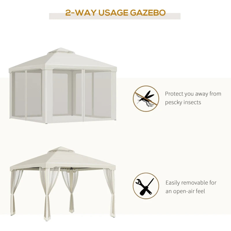 Outsunny 10' x 10' Patio Gazebo Outdoor Canopy Shelter with 2-Tier Roof and Netting, Steel Frame for Garden, Lawn, Backyard and Deck, Grey
