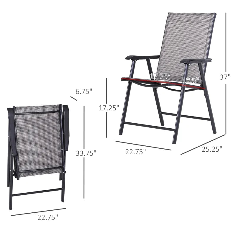 Outsunny Set of 2 Patio Folding Chairs, Stackable Outdoor Sling Patio Dining Chairs with Armrests for Lawn, Camping, Dining, Beach, Metal Frame, No Assembly, Gray
