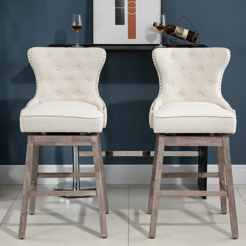 HOMCOM 26"Counter Height Bar Stools Set of 2, Linen Upholstered Tufted Dining Chairs with Steel Footrest, and Solid Wood Legs, Grey