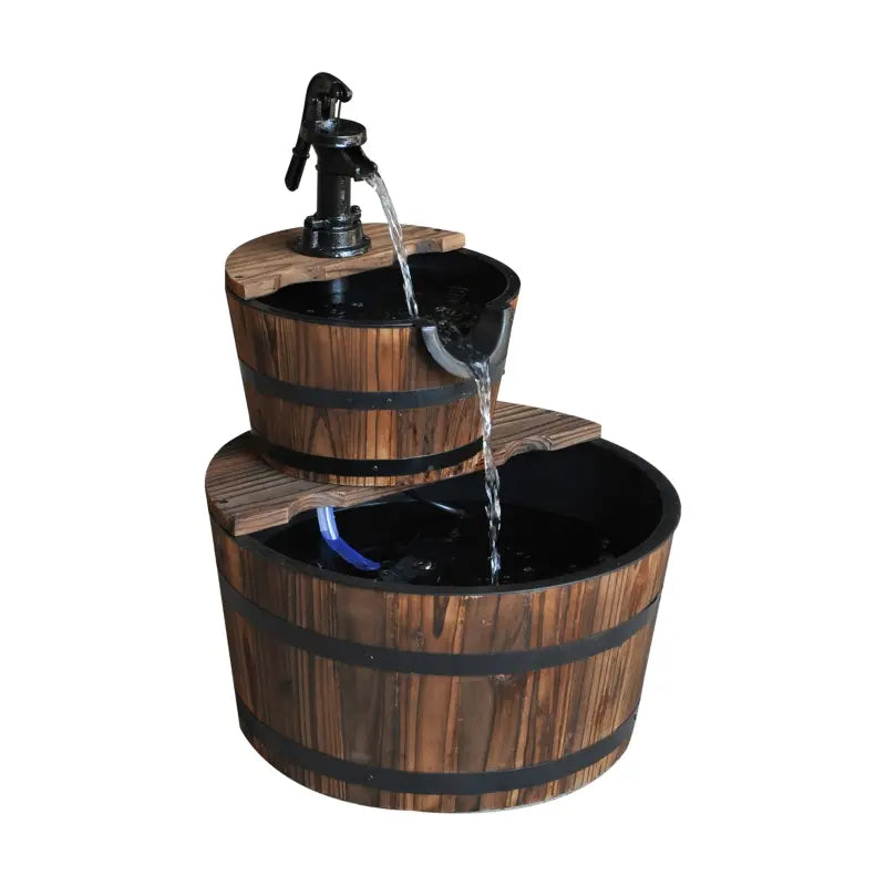 Outsunny Accent Two-Tier Rustic Wooden Barrel Fountain