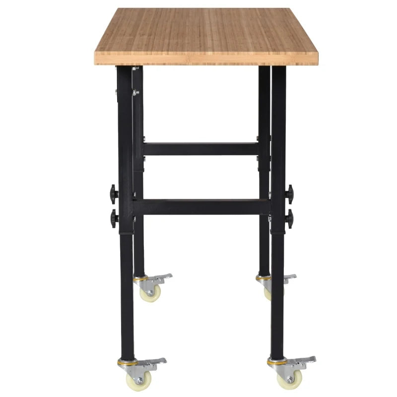 HOMCOM 59" Work Bench with Height Adjustable Legs, Bamboo Tabletop Workstation Tool Table on Wheels for Garage, Weight Capacity 1320 Lbs, Black/Natural