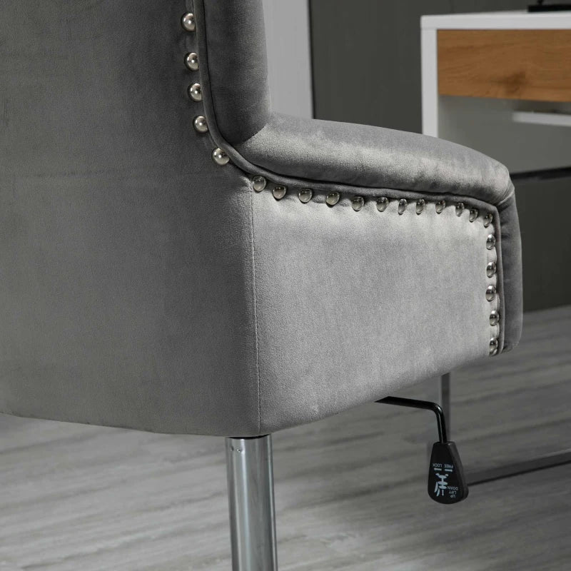 HOMCOM Modern Mid-back Desk Chair with Button Tufted Velvet Back, Nailhead Trim, Swivel Home Office Chair with Adjustable Height, Curved Padded Armrests, Grey