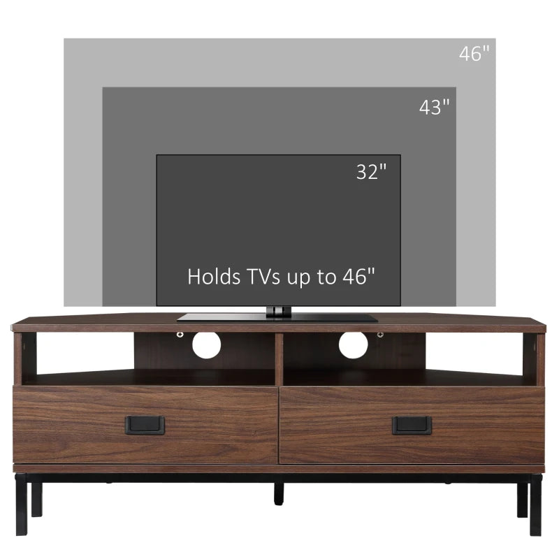 HOMCOM Corner TV Stand for TV up to 46", Entertainment Center with Open Storage and Drawers, TV Table with Steel Legs, Coffee