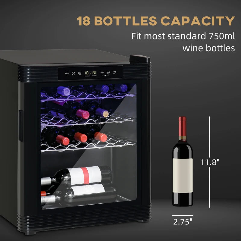 HOMCOM 18 Bottle Wine Cooler, Mini Beverage Fridge, Freestanding Wine Cellar with Digital Temperature Control, 3 Removable Shelves, Glass Door, Alarm Function and LED Lighting, Black
