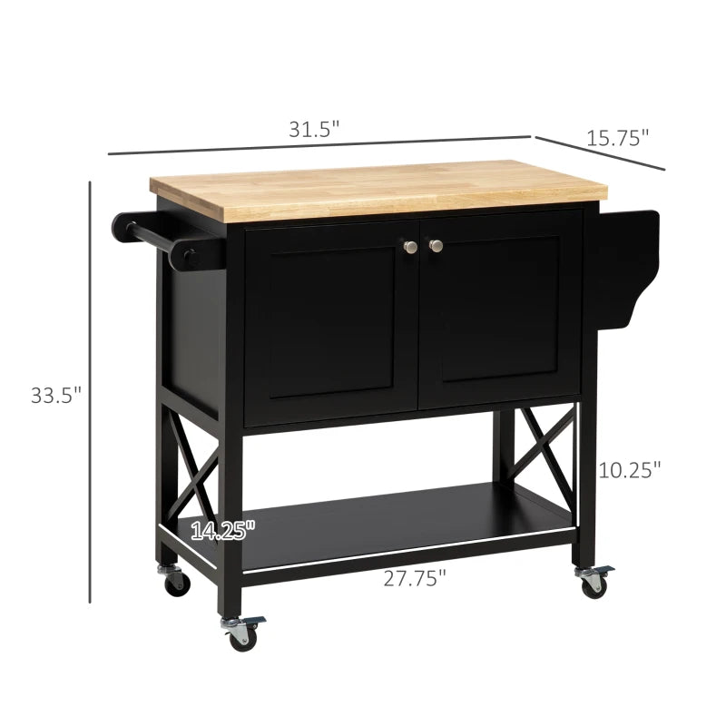 HOMCOM Rolling Kitchen Island Cart with Rubberwood Top and Storage, Black