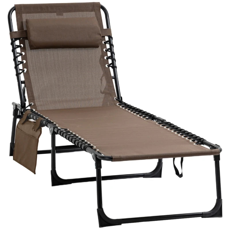 Outsunny Reclining Chaise Lounge Chair, Portable Sun Lounger, Folding Camping Cot, with Adjustable Backrest and Removable Pillow, for Patio, Garden, Beach, Brown