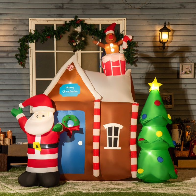 Outsunny 7.5ft Christmas Inflatable Gingerbread House with Santa Claus and Christmas Tree, Blow-Up Outdoor LED Yard Display