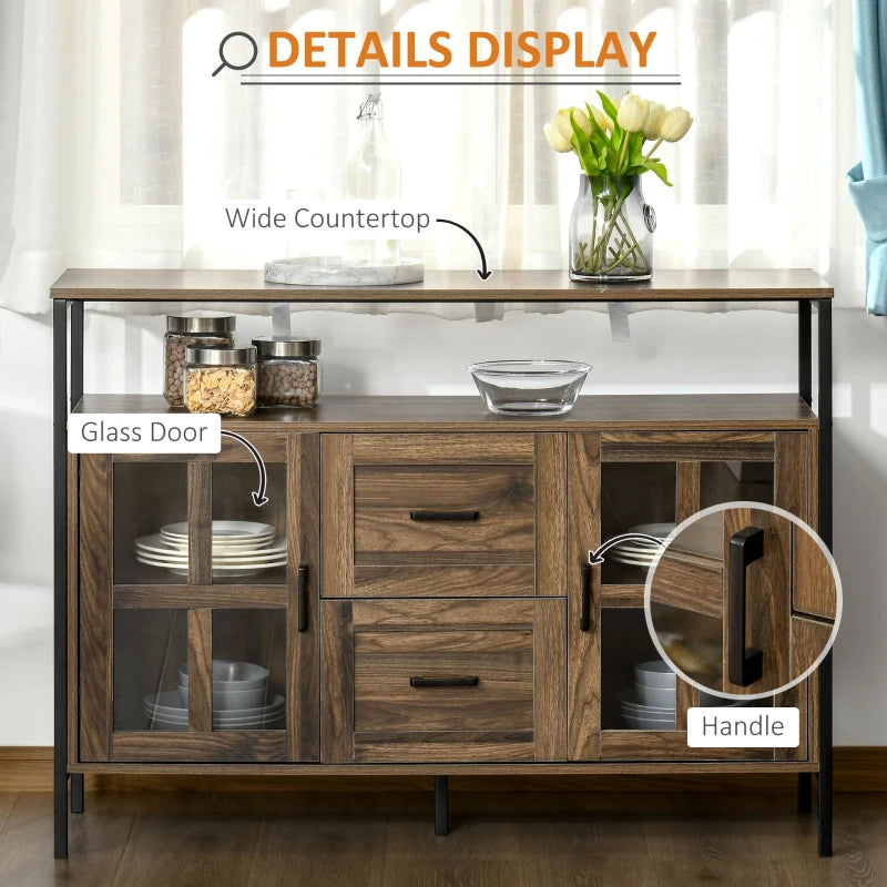 HOMCOM Industrial Sideboard Buffet Cabinet, Kitchen Cabinet, Coffee Bar Cabinet with Adjustable Shelves, Glass Doors, and 2 Drawers for Living Room, Brown