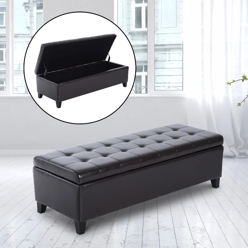 Open Box HomCom Large 51” Tufted Faux Leather Ottoman Storage Bench - Dark Brown