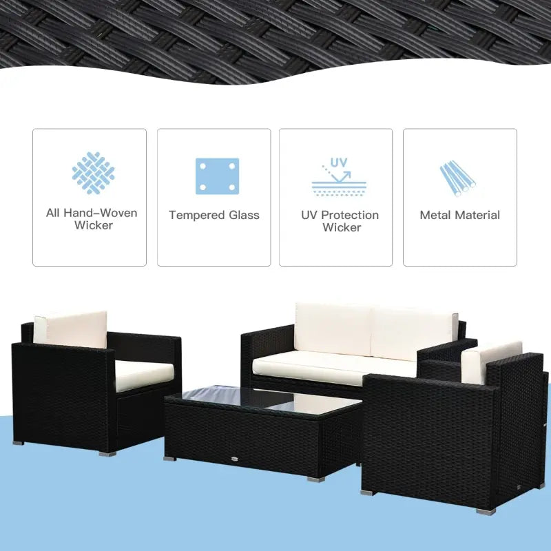 Outsunny 4 Piece Wicker Patio Furniture Set with Cushions, Outdoor Sectional Furniture with 2 Sofa, Loveseat, and Glass Top Coffee Table, Conversation Sofa Sets for Garden, Black