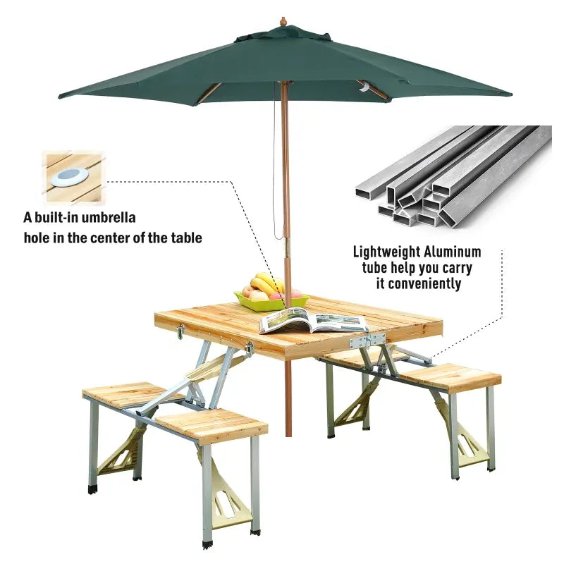 Outsunny 54" Portable Camping Table with 4 seat Wooden Portable Folding Picnic Table Set with Umbrella Hole