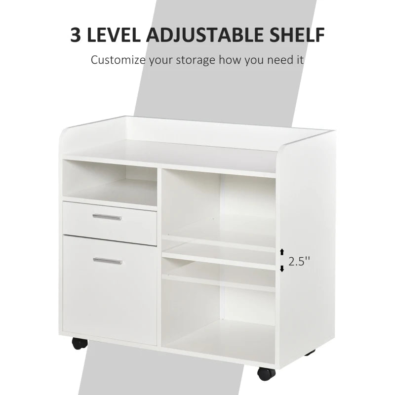 Vinsetto Filing Cabinet Printer Stand Mobile Lateral File Cabinet with 2 Drawers, 3 Open Storage Shelves for Home Office Organization, White