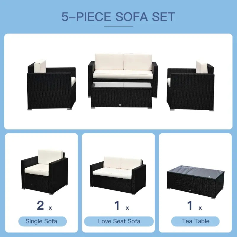 Outsunny 4 Piece Wicker Patio Furniture Set with Cushions, Outdoor Sectional Furniture with 2 Sofa, Loveseat, and Glass Top Coffee Table, Conversation Sofa Sets for Garden, Black