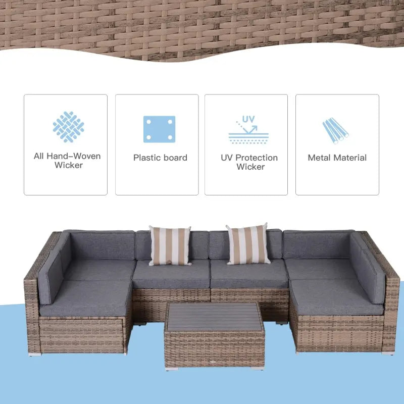 Outsunny 7 Piece Outdoor Patio Furniture Set, PE Rattan Wicker Sectional Sofa Set with Couch Cushions, Throw Pillows and Slat Coffee Table, Dark Brown, Deep Blue