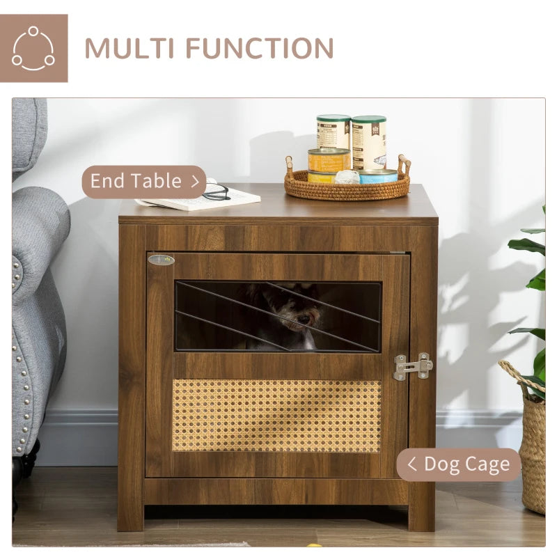 PawHut Dog Crate Furniture with Cushion, Wooden Dog Kennel End Table with Lockable Door, for Miniature Dogs, Indoor, Walnut