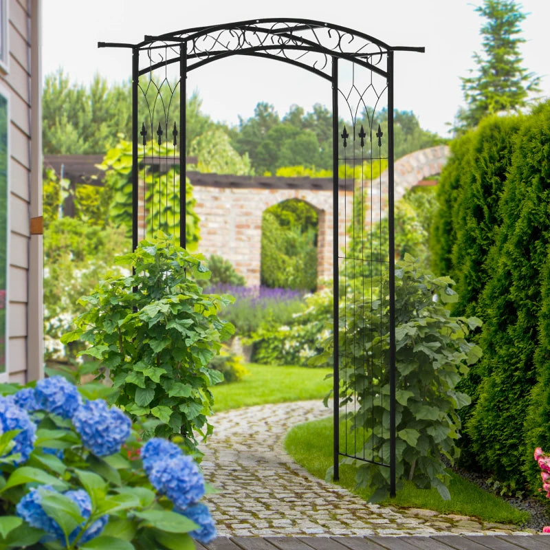 Outsunny 85'' Metal Garden Arbor with Gate, Outdoor Steel Arch with Scrollwork for Climbing Vines, Ground Mountable Columns
