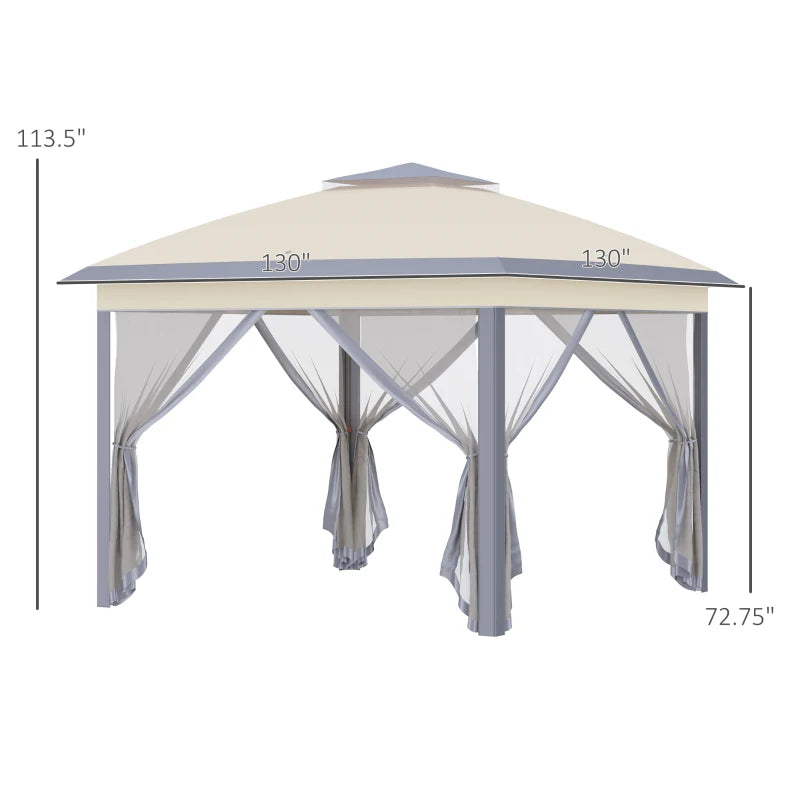 Outsunny 13' x 13' Pop Up Gazebo with Netting, Instant Canopy Tent Shelter with 2-Tier Roof,  Wheeled Carry Bag, Water/Sand Bag for Outdoor, Garden, Parties, Beige