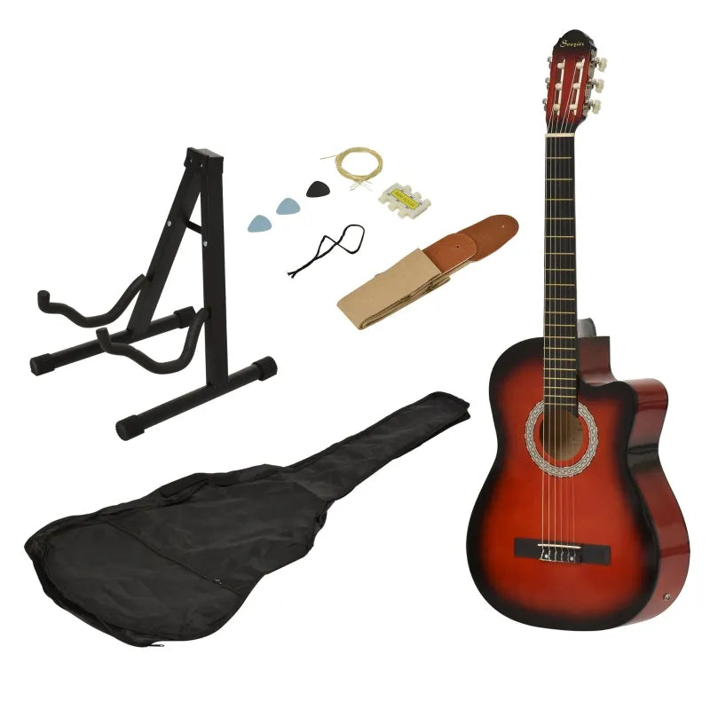 Soozier 39" Classical Acoustic Cutaway Guitar with Nylon/Steel Strings & Included Stand, Beige Strap, 3 Picks, & Pitch Pipe