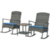 Outsunny 3 Piece Outdoor PE Rattan Rocking Chair Set, Patio Wicker Recliner Rocker Chair with Soft Cushion & Nature Wood Top Coffee Table, Blue