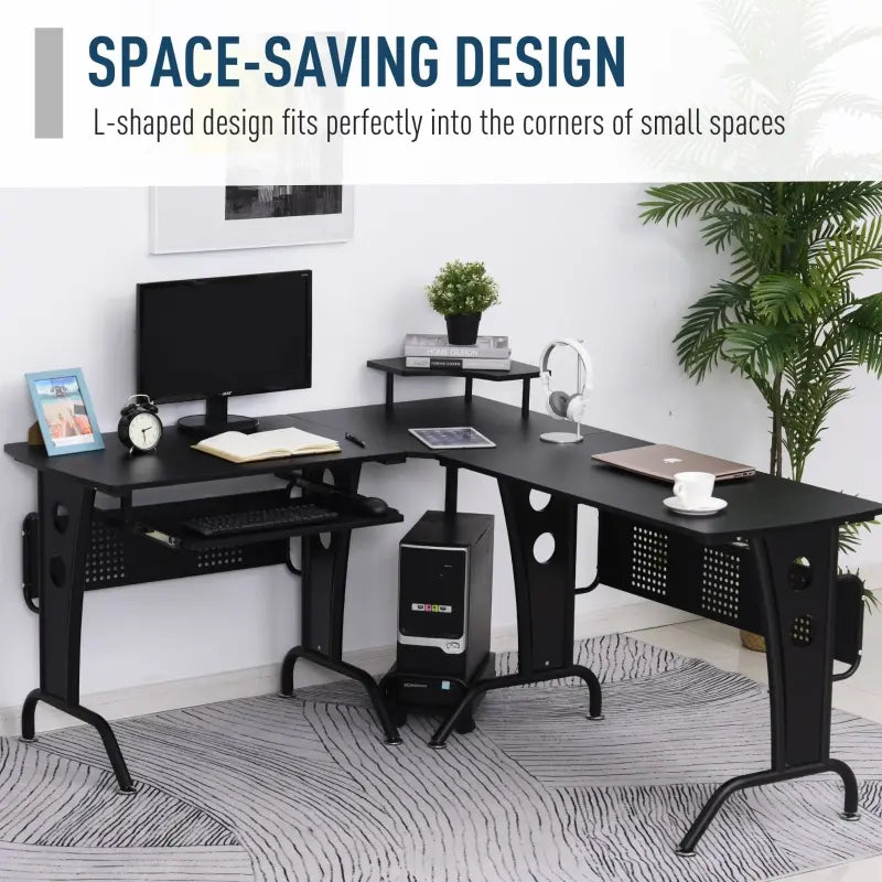 HOMCOM L-Shaped Corner Computer Office Desk Workstation with Rolling Keyboard Tray & Convenient CPU Stand - Black