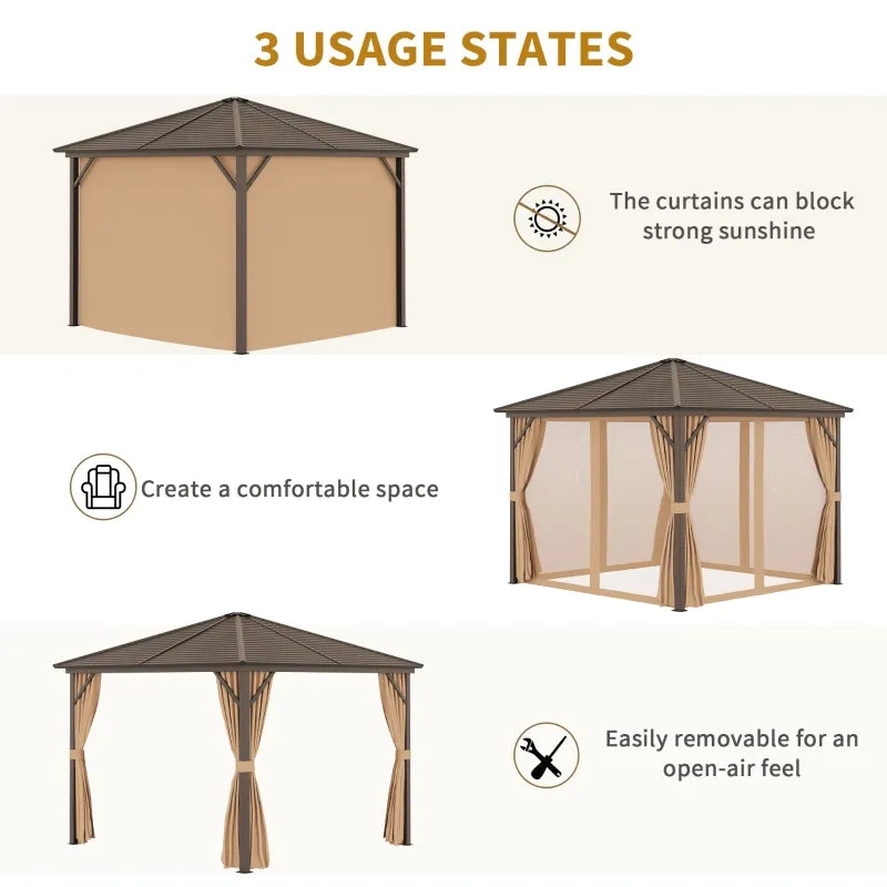 Outsunny 10' x 10' Hardtop Gazebo Canopy with Galvanized Steel Roof, Aluminum Frame, Permanent Pavilion Outdoor Gazebo with Hook, Netting and Curtains for Patio, Garden, Backyard, Dark Brown