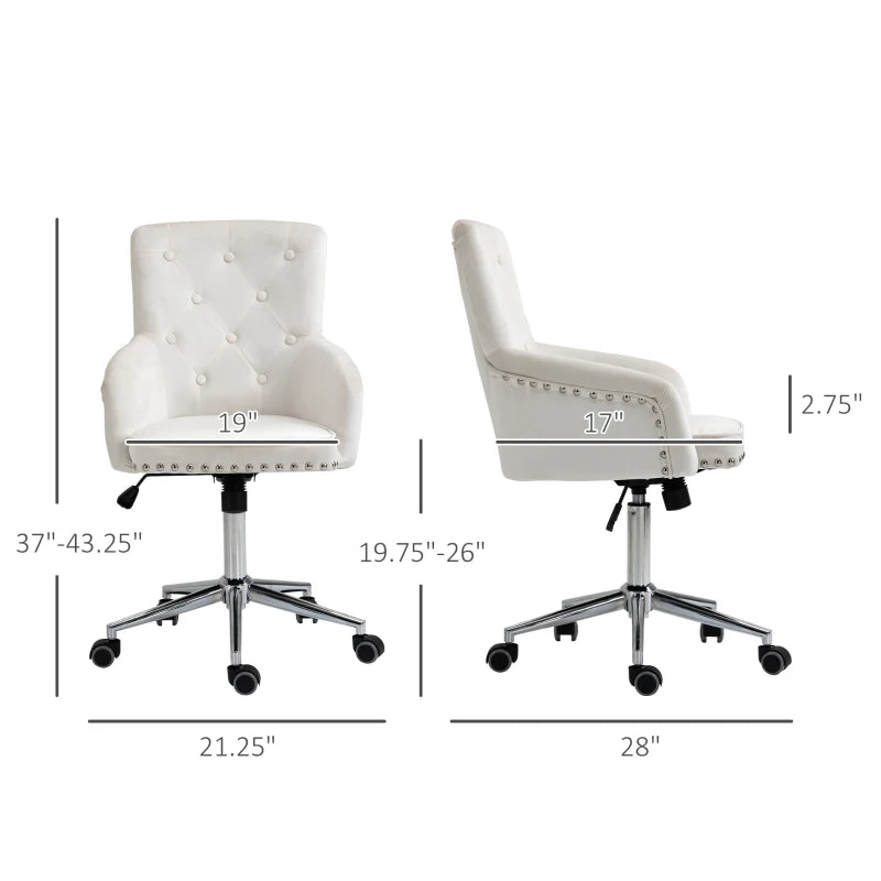 HOMCOM Modern Mid-back Desk Chair with Button Tufted Velvet Back, Nailhead Trim, Swivel Home Office Chair with Adjustable Height, Curved Padded Armrests, White