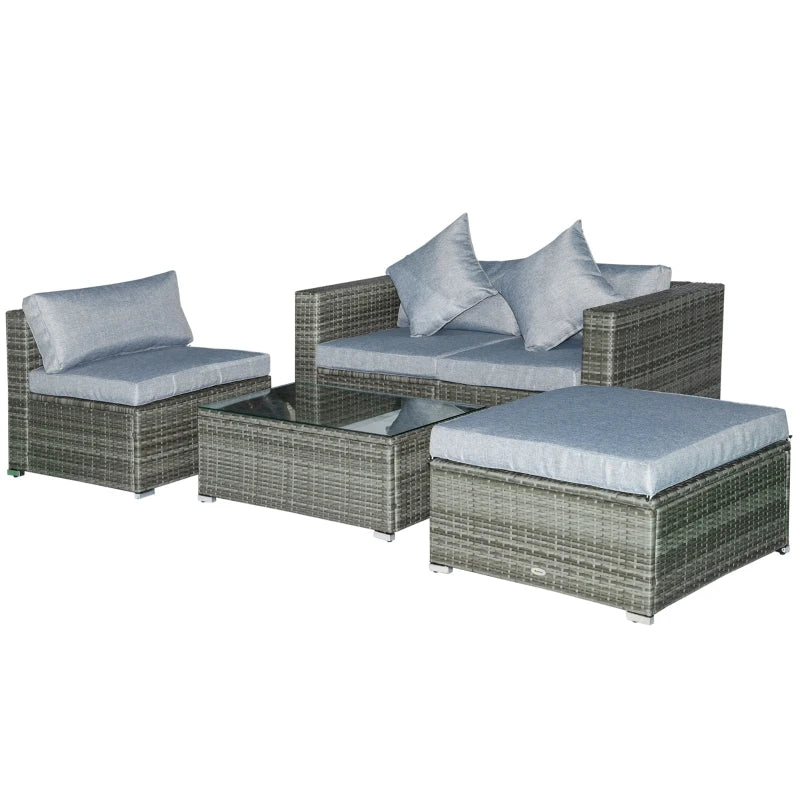 Outsunny 5-Piece Outdoor Sectional Furniture, Patio All-Weather PE Rattan Wicker Couch Sofa Sets with Cushions, Pillows, Glass Coffee Table,  for Garden, Backyard, Light Gray
