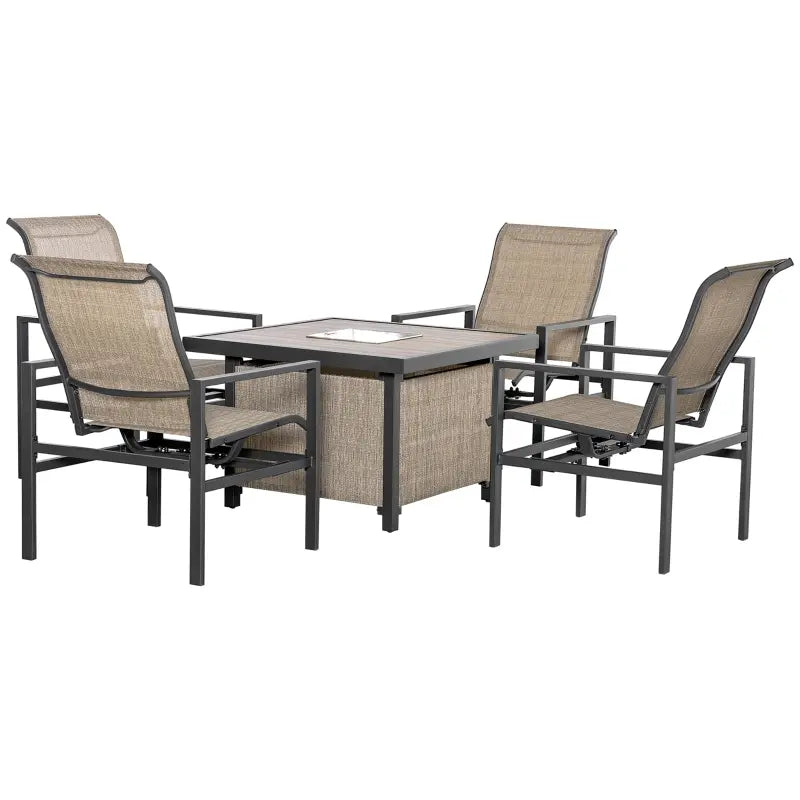 Outsunny 5 Piece Garden Patio Dining Set, Steel, Outdoor Conversation Set, Square Dinner Table with Built-in Ice Bucket Insert, 4 Rocking Chairs for Garden, Lawn, Backyard, Beige