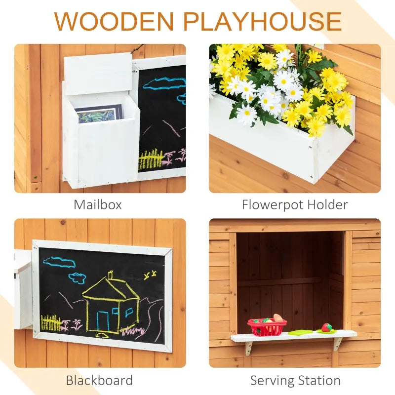 Outsunny Kids Outdoor Wooden Playhouse, Garden Games Cottage, w/ Door Bench Blackboard