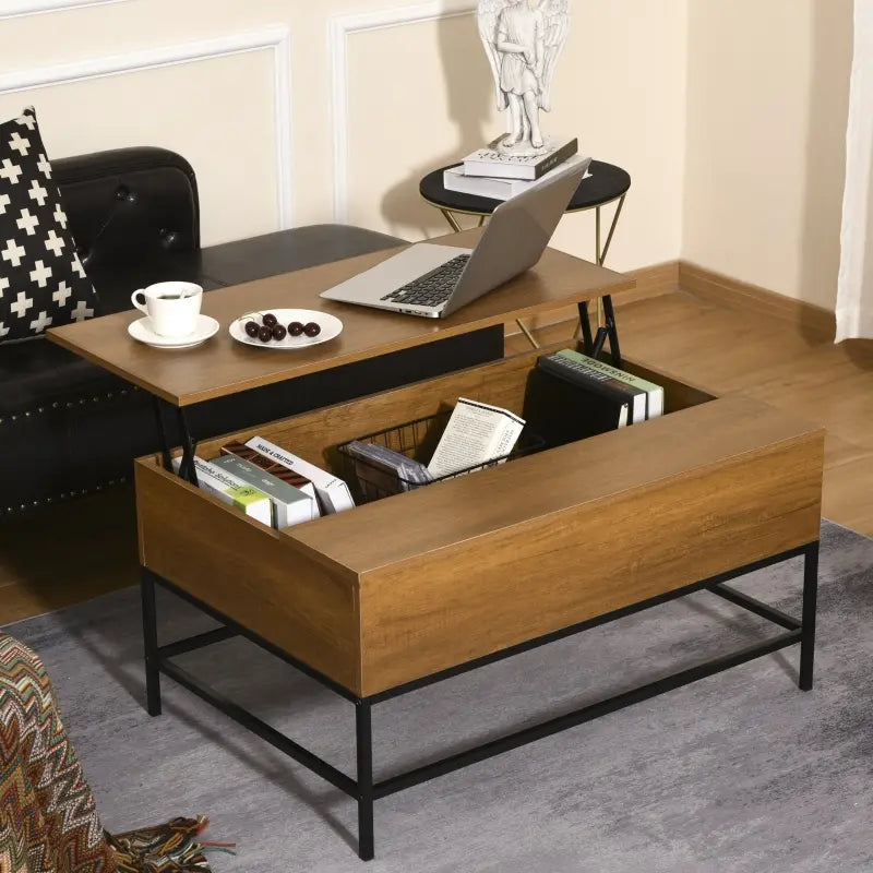HOMCOM Modern Lift Top Coffee Table with Hidden Storage Compartment and Steel Legs for Living Room, Reception Room, Brown