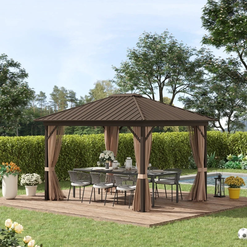 Outsunny 10' x 12' Hardtop Gazebo Canopy with Galvanized Steel Roof, Aluminum Frame, Permanent Pavilion with Top Hook, Netting and Curtains for Patio, Garden, Backyard, Deck, Lawn, Brown