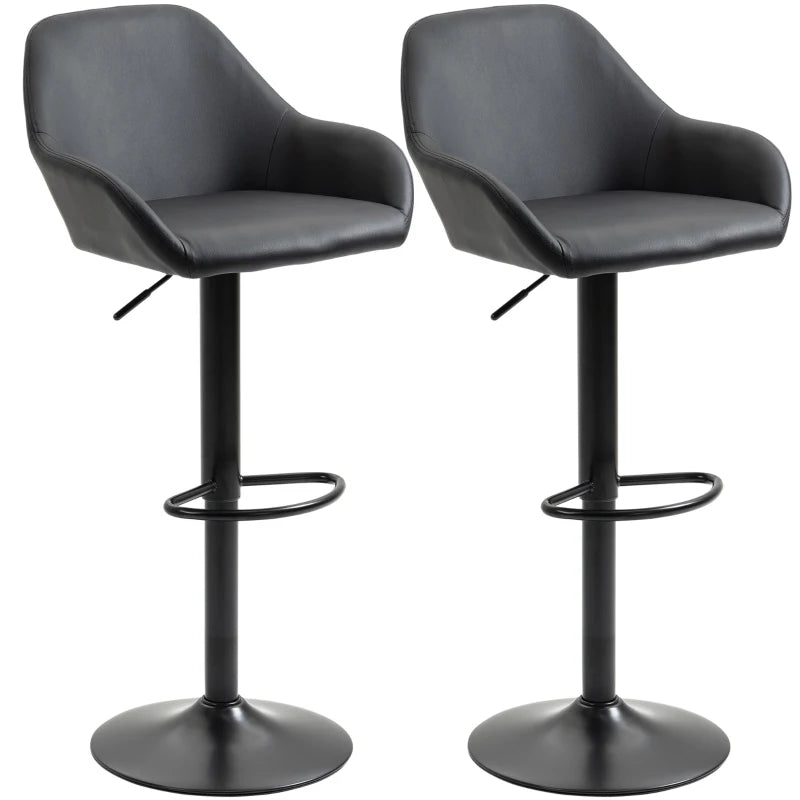 HOMCOM Adjustable Bar Stools, Swivel Counter Height Barstools with Footrest and Back, PU Leather and Steel Round Base, for Kitchen Counter and Dining Room, Set of 2, Black