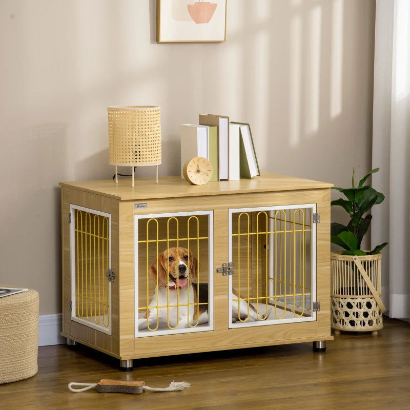 PawHut Wooden Dog Crate Furniture with Soft Cushion, Dog Crate End Table with Double Doors, Indoor Pet Crate for Small Medium Dogs