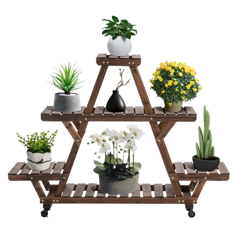 Outsunny 56'' x 14'' x 41'' 4 Tier Wooden Plant Stand with Removable Wheels, Large Display Capacity & Wood Build - Brown