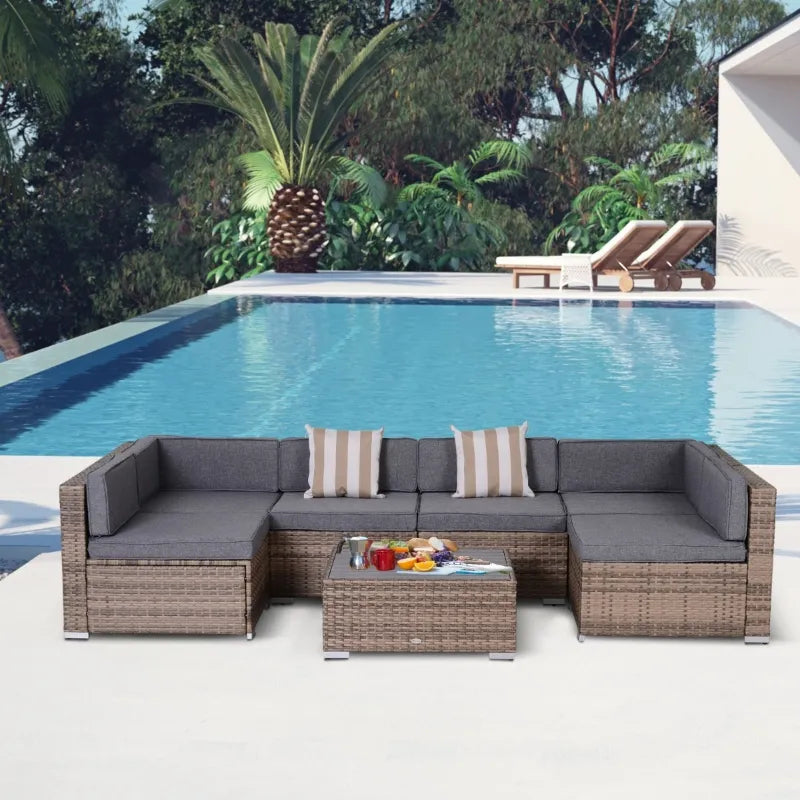 Outsunny 7 Piece Outdoor Patio Furniture Set, PE Rattan Wicker Sectional Sofa Patio Conversation Sets with Couch Cushions, Throw Pillows and Slat Coffee Table, Stripe, Beige