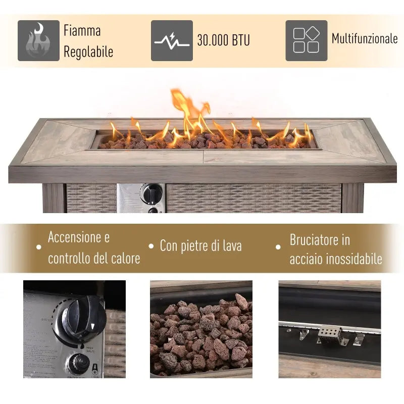 Outsunny 42" Propane Fire Pit Table, 50,000 BTU Wicker-effect Auto-Ignition Gas Fireplace Fire Pits with Ceramic Tabletop, Steel Base, Lid, Lava Rocks and Cover, CSA Certification, Grey